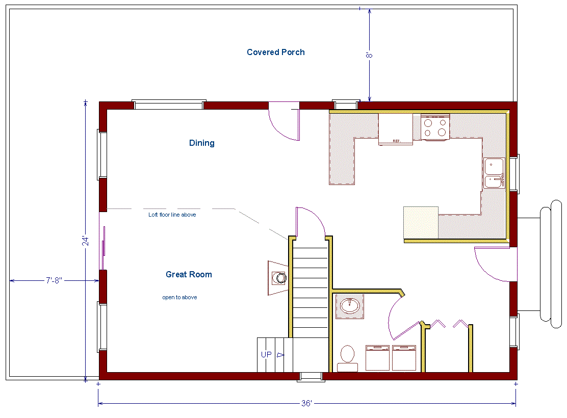 24x36 feet log cottage plan main level