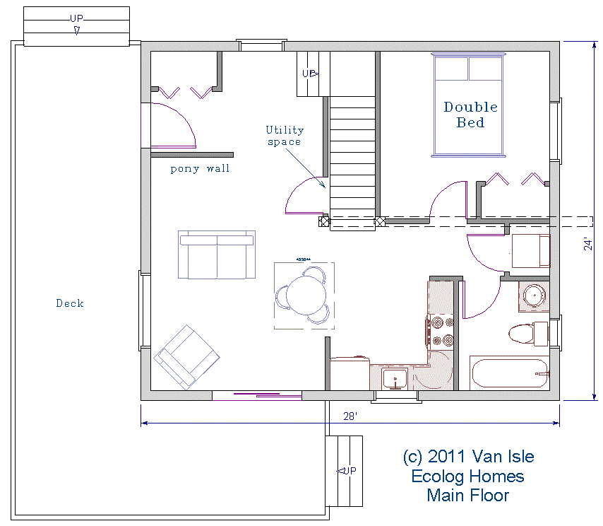 Log cottage floor plan 24'x28', 672 square feet