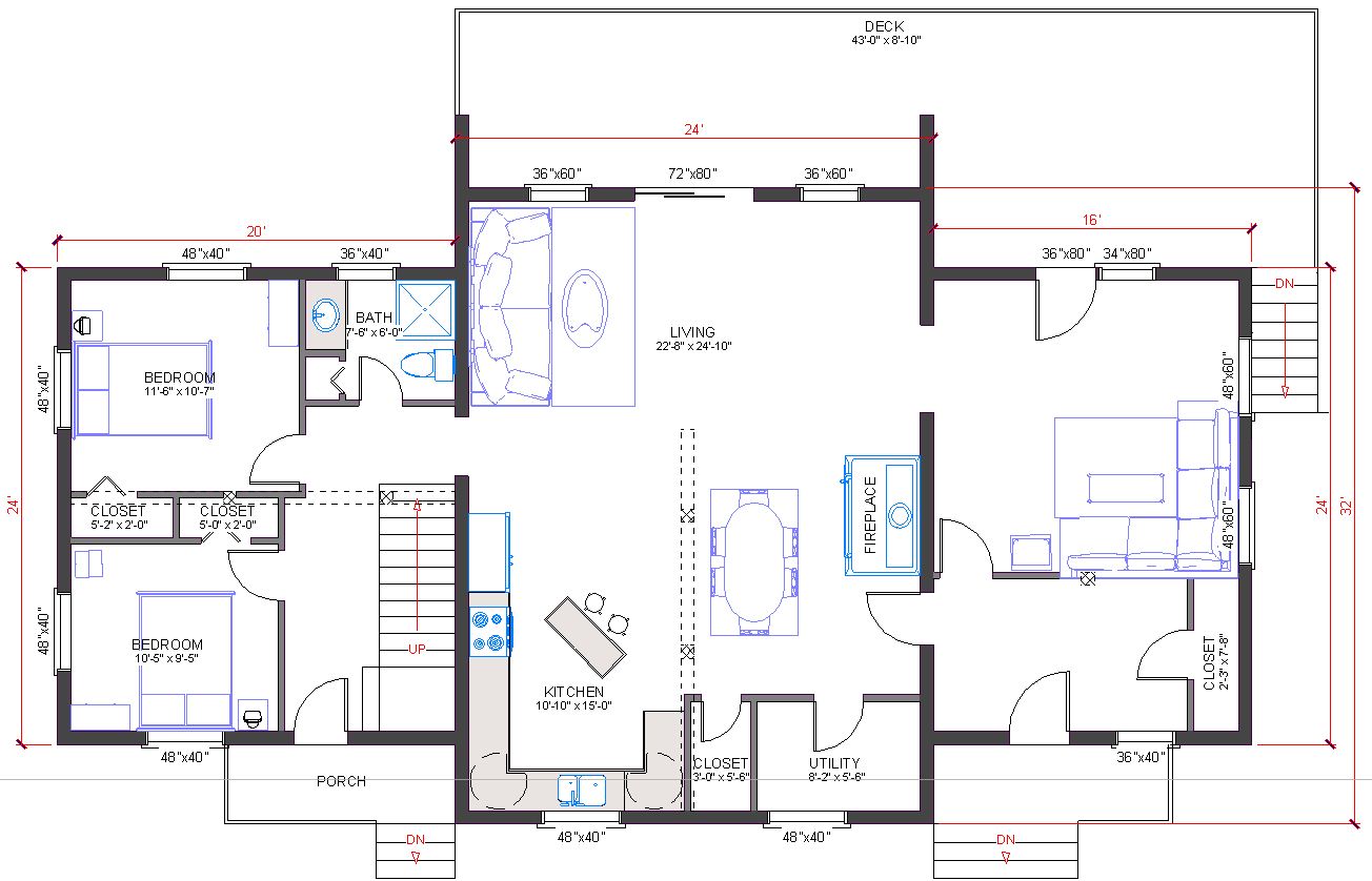 Floor plan main floor of 1632 sqft EcoLog home