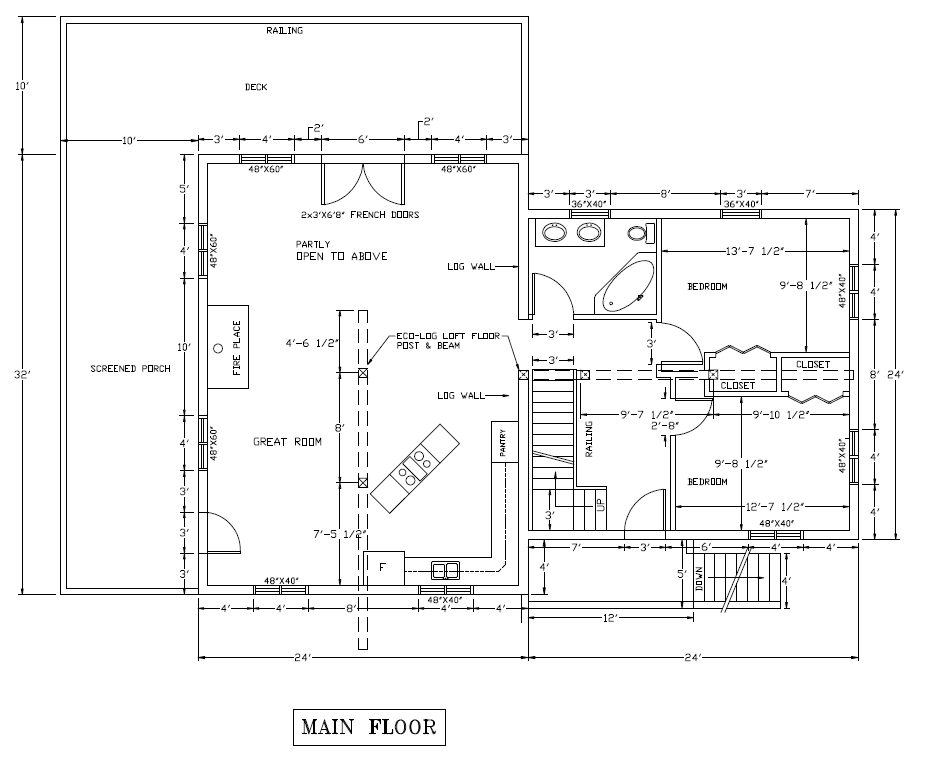 Floor plan main floor of 1344 sqft EcoLog home Floor plan main floor of 1344 sqft EcoLog home