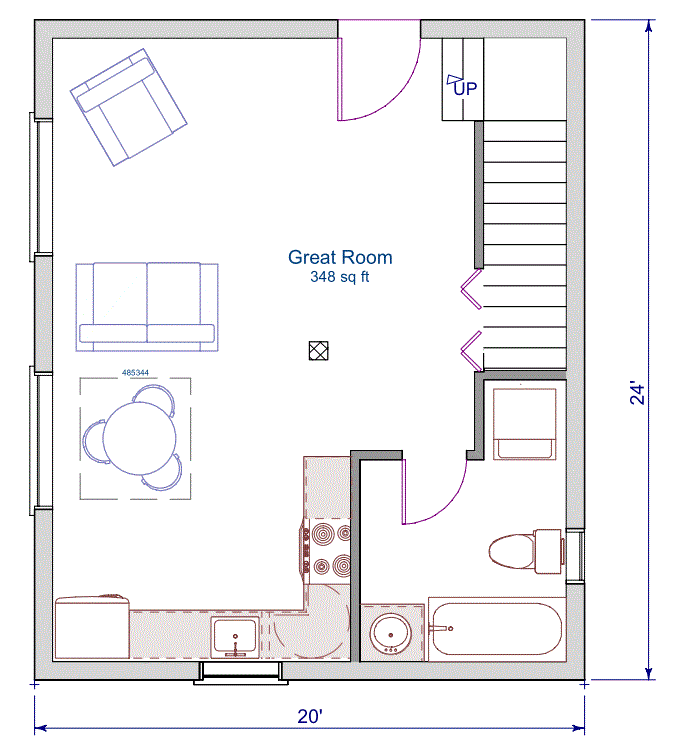Main level floor plan of 24'x20' log cabin