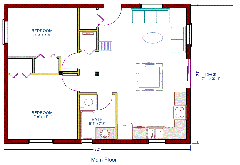 Log cottage floor plan 24'x32', 768 square feet