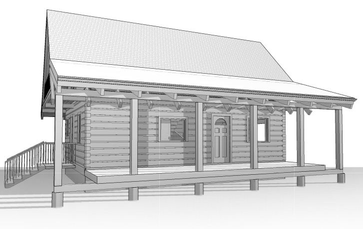 24x32' cottage picture of 24x32' log cottage with porch, side view